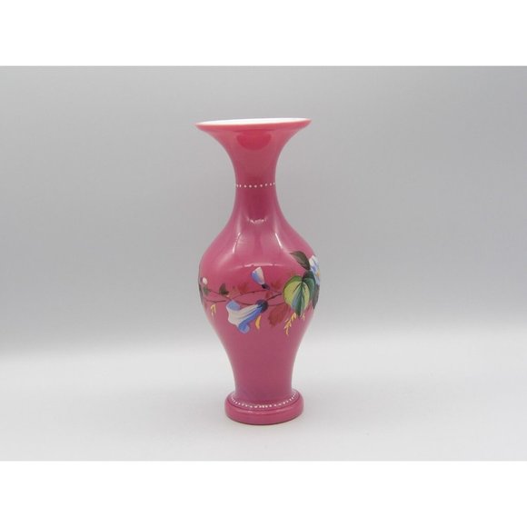 Vintage Hand Blown Cased Glass Vase Pink Hand Painted Enamel Flowers 8 3/4" H - Picture 6 of 9